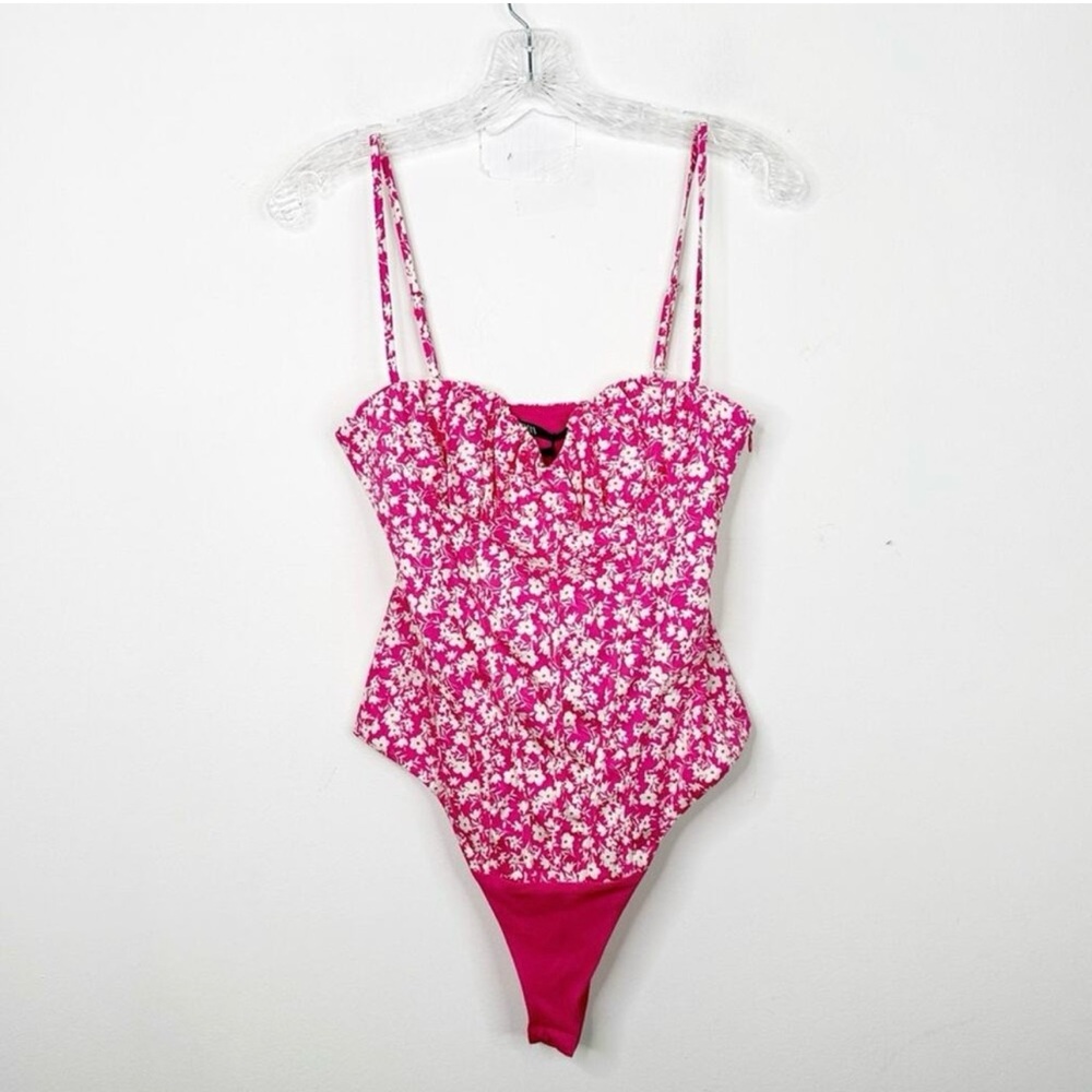 NWT ZARA Pink and White Floral‎ Print Corset Style Barbiecore Bodysuit Small